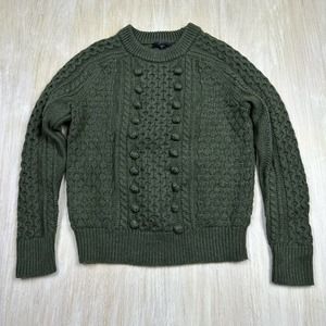 J Crew Olive Green Cozy Fitted Popcorn Wool Cable Knit Pullover Sweater XS